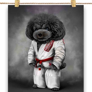 Artiste martial caniche noir chien en judogi blanc : judo et karaté - impression d'affiche, art mural, décoration d'intérieur et carte postale - PrintStarTee
