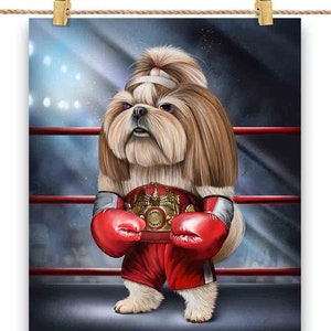 Chien boxeur shih tzu avec ceinture de championnat de boxe - impression d'affiche, art mural, décoration d'intérieur et carte postale - PrintStarTee