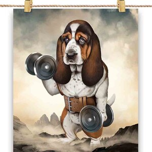 Basset Hound Dog Muscle Training Haltérophilie avec haltère - Impression d’affiche, Art mural, Décoration intérieure et Carte postale - PrintStarTee