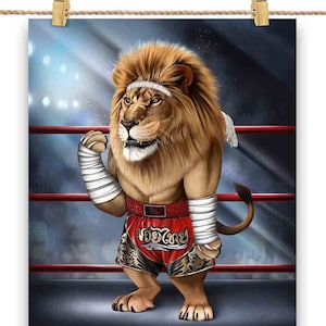 Lion en combattant de kickboxing muay thaï - impression d'affiche, art mural, décoration d'intérieur et carte postale - PrintStarTee