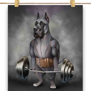 Entraînement musculaire de chien Dogue Allemand bleu avec Barbell Shrug Bar Fitness Gym - Impression d’affiche, art mural, décoration intérieure et carte postale - PrintStarTee
