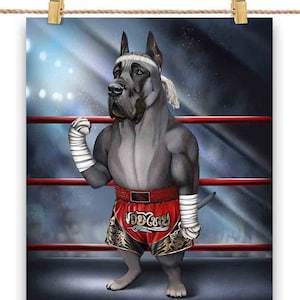 Dogue allemand bleu en combattant de kickboxing Muay Thai - impression d'affiche, art mural, décoration d'intérieur et carte postale - PrintStarTee