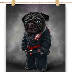 Artista marcial Black Pug Dog em Black Judogi: Judo & Karate - Impressão de pôster, arte de parede, decoração de casa e cartão postal - PrintStarTee