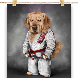 Artiste martial de chien Golden Retriever en judogi blanc : Judo et karaté - Impression d'affiche, art mural, décoration intérieure et carte postale - PrintStarTee