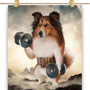Sheltie Dog Muscle Training Haltérophilie avec haltère - Impression d’affiche, Art mural, Décoration intérieure et Carte postale - PrintStarTee