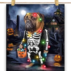 Chien Bullmastiff en costume squelette : déguisement de fête d'Halloween - impression d'affiche, art mural, décoration d'intérieur et carte postale - PrintStarTee