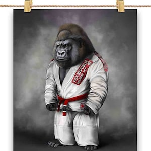 Champion d'arts martiaux gorille en judogi blanc - impression d'affiche, art mural, décoration d'intérieur et carte postale - PrintStarTee