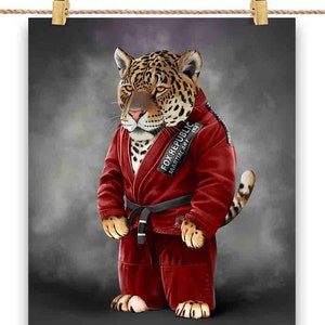 Artiste martial chat jaguar en judogi rouge : judo et karaté - impression d'affiche, art mural, décoration d'intérieur et carte postale - PrintStarTee