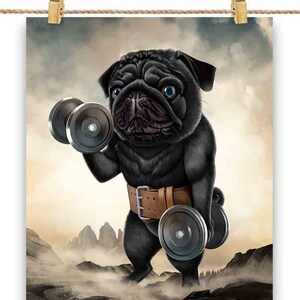 Musculation de chien carlin noir haltérophilie avec haltères - impression d'affiche, art mural, décoration d'intérieur et carte postale - PrintStarTee