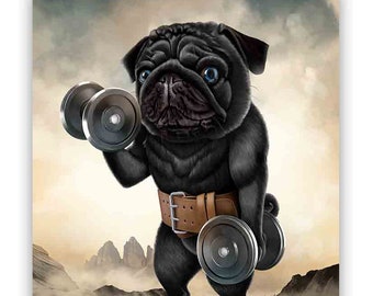 Black Pug Dog Muscle Training Weightlifting With Dumbbell