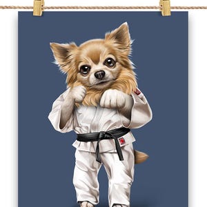 Championne de karaté et de judo avec un chien chihuahua sensei en kimono blanc - impression d'affiche, art mural, décoration d'intérieur et carte postale - PrintStarTee