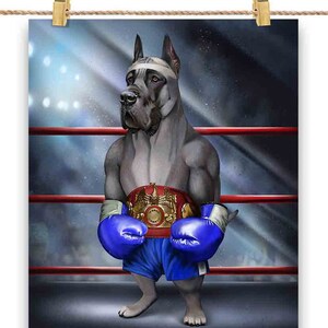 Boxing Champion Blue Great Dane Dog Fighter - Poster Print, Wall Art, Home Decor, and Postcard - PrintStarTee