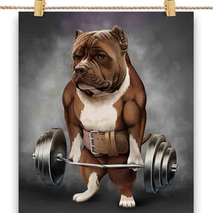 Tan Pit Bull Dog Muscle Training avec Barbell Shrug Bar Fitness Gym - Impression d’affiche, Art mural, Décoration intérieure et Carte postale - PrintStarTee