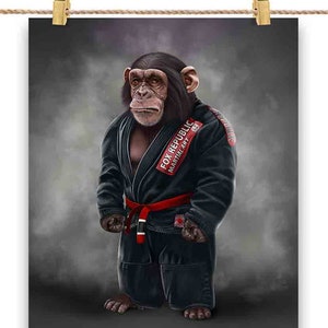 Artiste martial chimpanzé en judogi noir : judo et karaté - impression d'affiche, art mural, décoration d'intérieur et carte postale - PrintStarTee