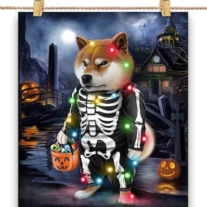 Chien shiba inu en costume de squelette : déguisement de fête d'Halloween - impression d'affiche, art mural, décoration d'intérieur et carte postale - PrintStarTee