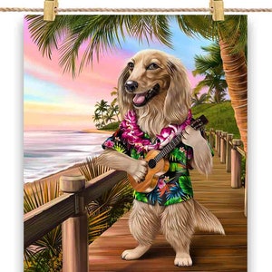 Teckel jouant de la guitare sur une plage d'Hawaï avec un magnifique coucher de soleil : choisissez votre arrière-plan préféré, impression d'affiche, art mural, décoration d'intérieur, carte postale