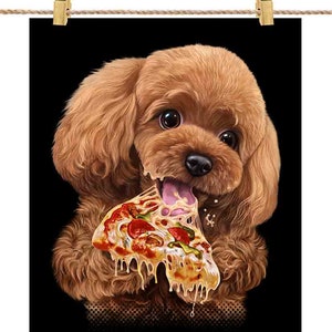 Hungry Poodle Dog Devorando Pizza - Impressão de pôster, arte de parede, decoração de casa e cartão postal - PrintStarTee