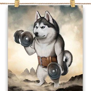 Chien husky sibérien monstre transportant des haltères exercice de fitness - impression d'affiche, art mural, décoration d'intérieur et carte postale - PrintStarTee