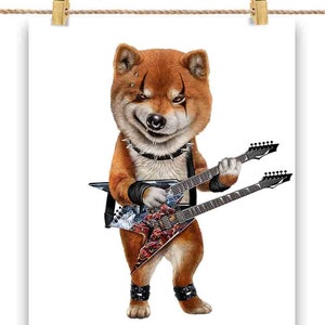 Heavy Metal Grooves com Shiba Dog Guitarrista em Punk Rock Band - Impressão de pôster, arte de parede, decoração de casa e cartão postal - PrintStarTee