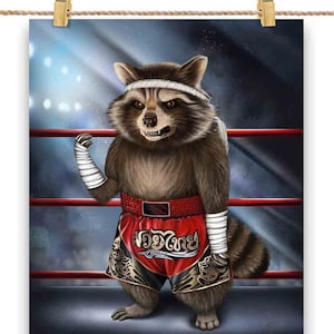 Raton laveur en tant que champion de boxe Muay Thai Boxer Fighter MMA - impression d'affiche, art mural, décoration d'intérieur et carte postale - PrintStarTee