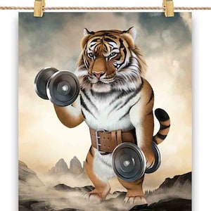 Monster Tiger Carrying Dumbbell Exercise Fitness Gym - Impression d’affiche, art mural, décoration intérieure et carte postale - PrintStarTee