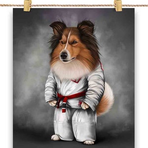 Artiste martial chien sheltie en judogi blanc : judo et karaté - impression d'affiche, art mural, décoration d'intérieur et carte postale - PrintStarTee