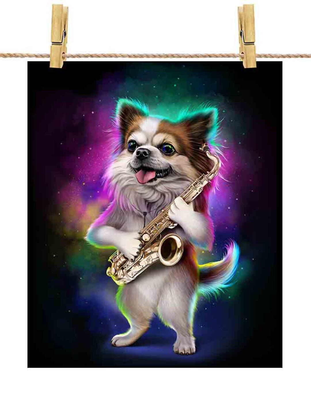 Chihuahua Dog Play Saxophone in Galaxy Rainbow Space Pick Your