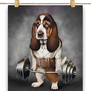 Entraînement musculaire pour chien Basset Hound avec haltères, barre d'épaules, salle de sport - Impression d'affiches, art mural, décoration d'intérieur et carte postale - PrintStarTee