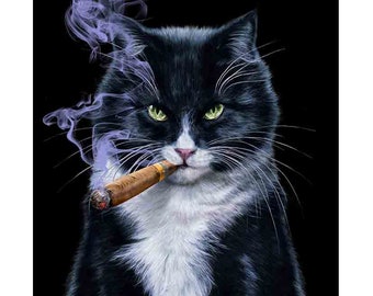Stern Bicolor Cat Puffing a Cigar - Poster Print, Wall Art, Home Decor, and Postcard - PrintStarTee