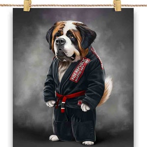 Artiste martial chien Saint Bernard en judogi noir : Judo et karaté - Impression d'affiche, art mural, décoration intérieure et carte postale - PrintStarTee