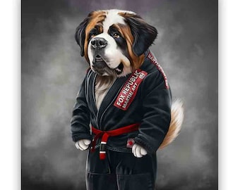 Saint Bernard Dog Martial Artist in Black Judogi: Judo & Karate - Poster Print, Wall Art, Home Decor, and Postcard - PrintStarTee