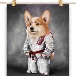 Artiste martial de chiens corgi gallois de Pembroke en judogi blanc : judo et karaté - impression d'affiche, art mural, décoration d'intérieur et carte postale - PrintStarTee
