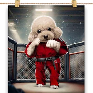 Karate und Judo Champion mit Sahne Pudel Hund Sensei - rotes Gi - Poster, Wandkunst, Wohndekor und Postkarte von PrintStarTee