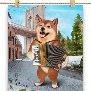 Cachorro Shiba tocando acordeão na ponte do Brooklyn em Nova York - impressão de pôster, arte de parede, decoração de casa e cartão postal - PrintStarTee