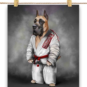 Artiste martial de chien Dogue Allemand fauve en judogi blanc : Judo et karaté - Impression d'affiche, art mural, décoration intérieure et carte postale - PrintStarTee