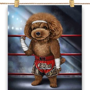 Chien caniche en champion de boxe Muay Thai Boxer Fighter MMA - impression d'affiche, art mural, décoration d'intérieur et carte postale - PrintStarTee
