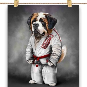 Artiste martial chien Saint Bernard en judogi blanc : Judo et karaté - Impression d'affiche, art mural, décoration intérieure et carte postale - PrintStarTee