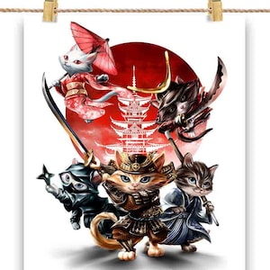Samouraï et chat ninja : guerriers japonais à l'ère Tokugawa - Impression d'affiche, art mural, décoration intérieure et carte postale - PrintStarTee
