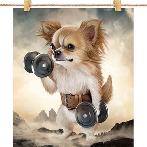 Chien chihuahua monstrueux portant des haltères exercice de remise en forme entraînement de gymnastique - impression d'affiche, art mural, décoration d'intérieur et carte postale - PrintStarTee