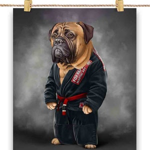 Artiste martial chien Bullmastiff en judogi noir : judo et karaté - impression d'affiche, art mural, décoration d'intérieur et carte postale - PrintStarTee