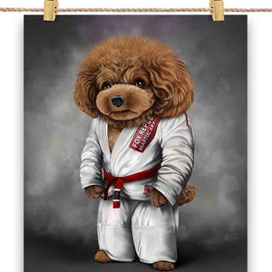 Artiste martial de chien caniche en judogi blanc : Judo et karaté - Impression d'affiche, art mural, décoration intérieure et carte postale - PrintStarTee