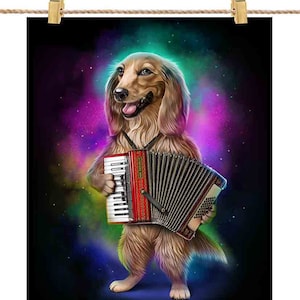 Cachorro Dachshund toca acordeão no espaço Galaxy Rainbow: escolha seu fundo favorito - impressão de pôster, arte de parede, decoração de casa e cartão postal