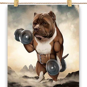 Pit-bull Dog entraînement musculaire à l'haltérophilie avec haltères - Impression d'affiche, art mural, décoration d'intérieur et carte postale - PrintStarTee