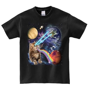 Fluffy Kitten Shooting Laser, Rainbow, Space Galaxy, Cat - uniseks korte mouw, heren, dames, jeugd-T-shirt - PrintStarTee