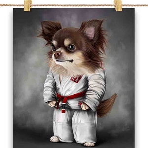 Artiste martial chien chihuahua chocolat en judogi blanc : judo et karaté - impression d'affiche, art mural, décoration d'intérieur et carte postale - PrintStarTee