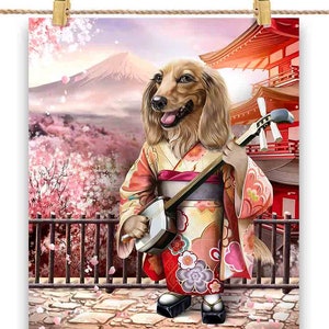Chien teckel en kimono jouant de la guitare au jardin Sakura du mont Fuji - impression d'affiche, art mural, décoration d'intérieur et carte postale - PrintStarTee
