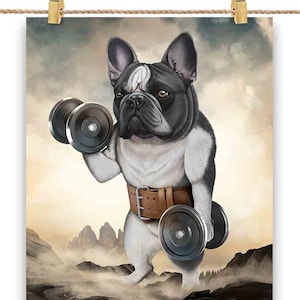 Monster French Bull Dog Carrying Dumbbell Exercise Fitness Gym - Impression d’affiche, Art mural, Décoration intérieure et Carte postale - PrintStarTee
