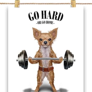 Haltérophilie pour chien chihuahua dans une salle de sport - impression d'affiche, art mural, décoration d'intérieur et carte postale - PrintStarTee