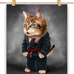 Artiste martial Orange Tabby Cat en Judogi noir : Judo et karaté - Impression d'affiche, art mural, décoration intérieure et carte postale - PrintStarTee