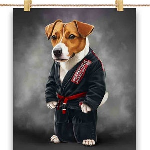 Jack Russell Terrier Dog Martial Artist in Black Judogi: Judo & Karate - Impression d'affiche, art mural, décoration intérieure et carte postale - PrintStarTee